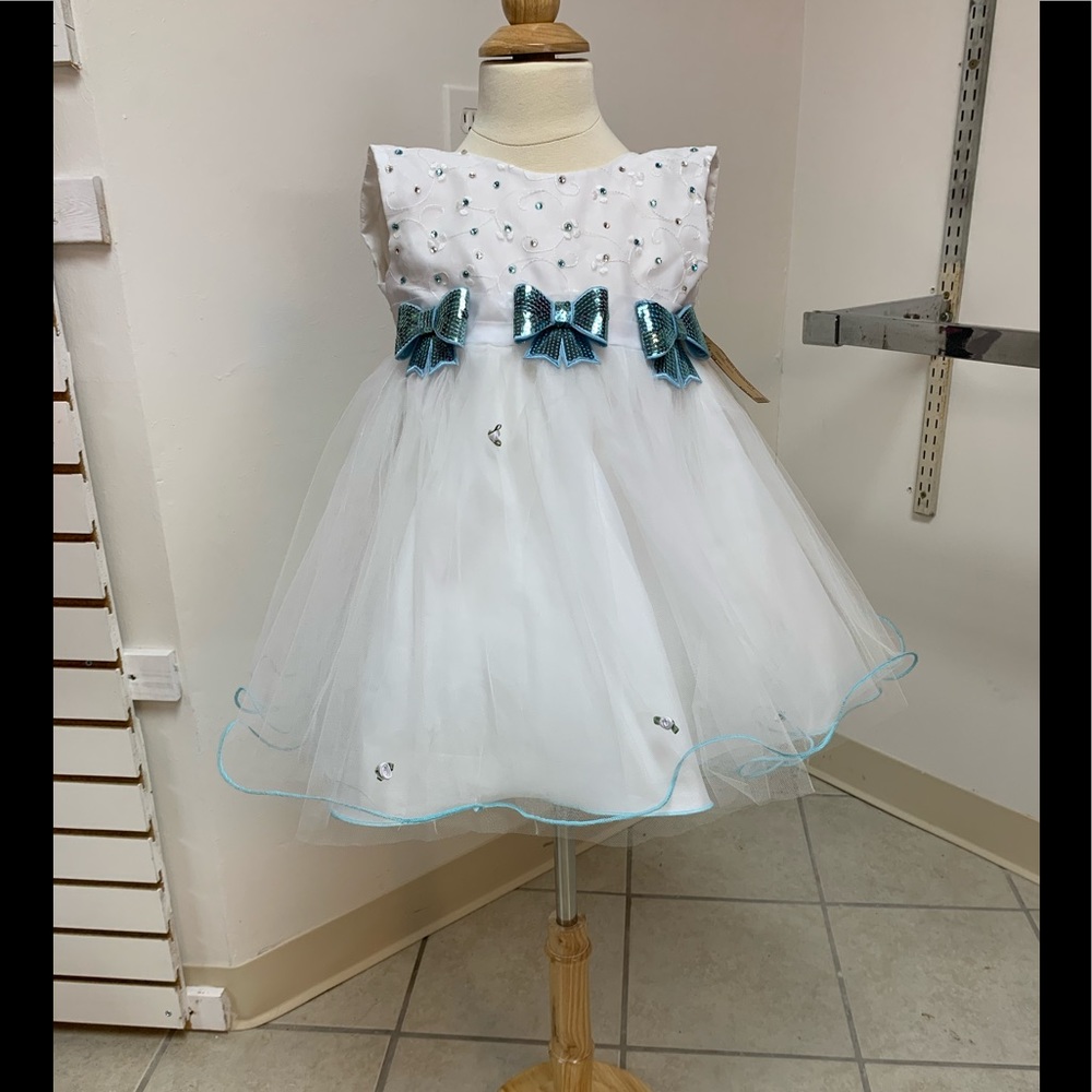 Size 3T Blue & White FlowerGirl Babydoll Pageant Easter Dress & Bow NWT